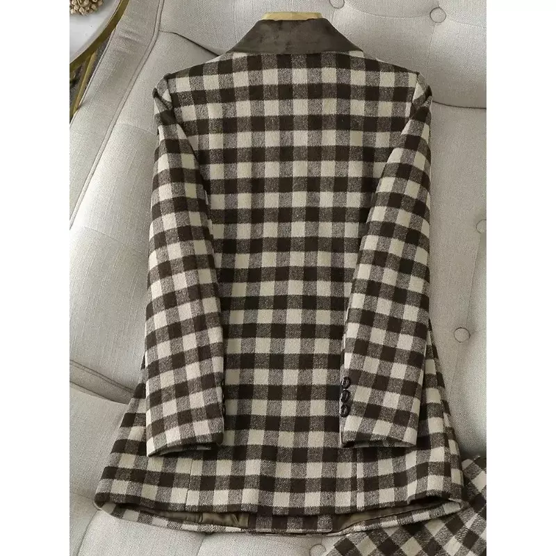 Autumn Winter Thick Loose Blazer Women Green Apricot Plaid Female Long Sleeve Triple Breasted Straight Jacket Coat Ladies