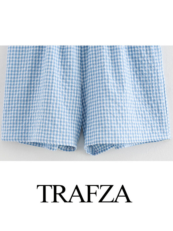 TRAFZA Woman Elegant Side Pockets Loose Casual Vintage High Waist Shorts Women Summer Chic Plaid Print Elastic Waist Shorts