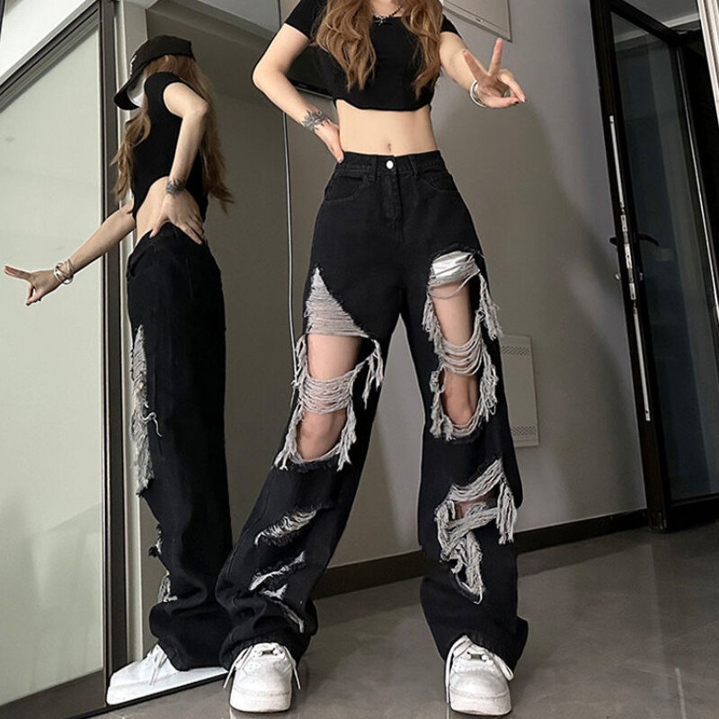 Ripped Jeans for Women Loose Fashion Vintage High Waist Personality Streetwear All-match Casual Full-length Trousers Cool Teens
