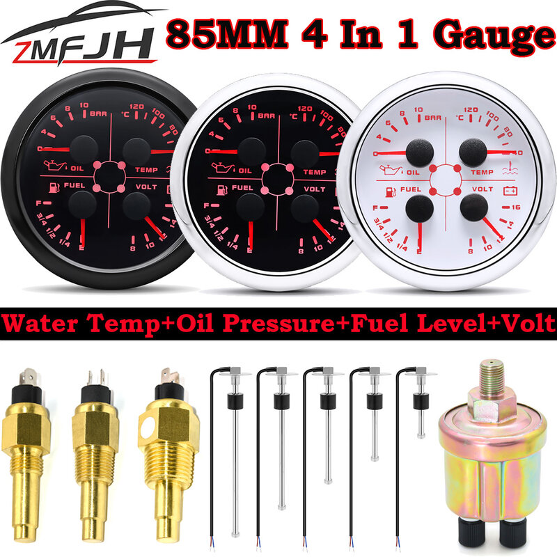 Waterproof 4 in 1 Multi-function 85mm Gauge Oil Pressure Fuel Level Water Temp Voltmeter with Red Backlight for Boat Car Yacht