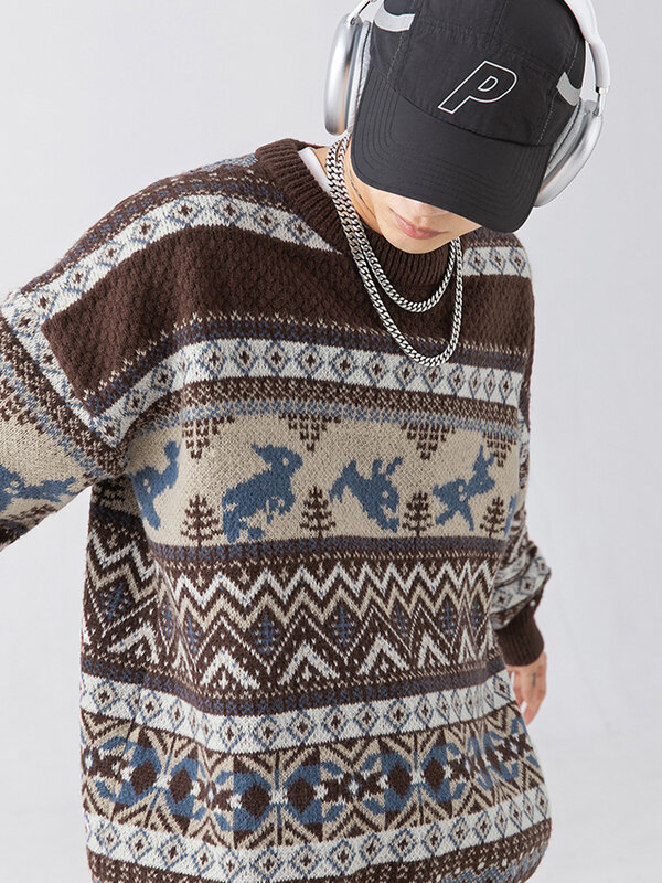 Свитер Мужской винтажный, жаккардовый вязаный пуловер, джемпер свободного покроя в стиле Харадзюку, с длинным рукавом, стиль хип-хоп, Ранняя уличная одежда, осень-зима