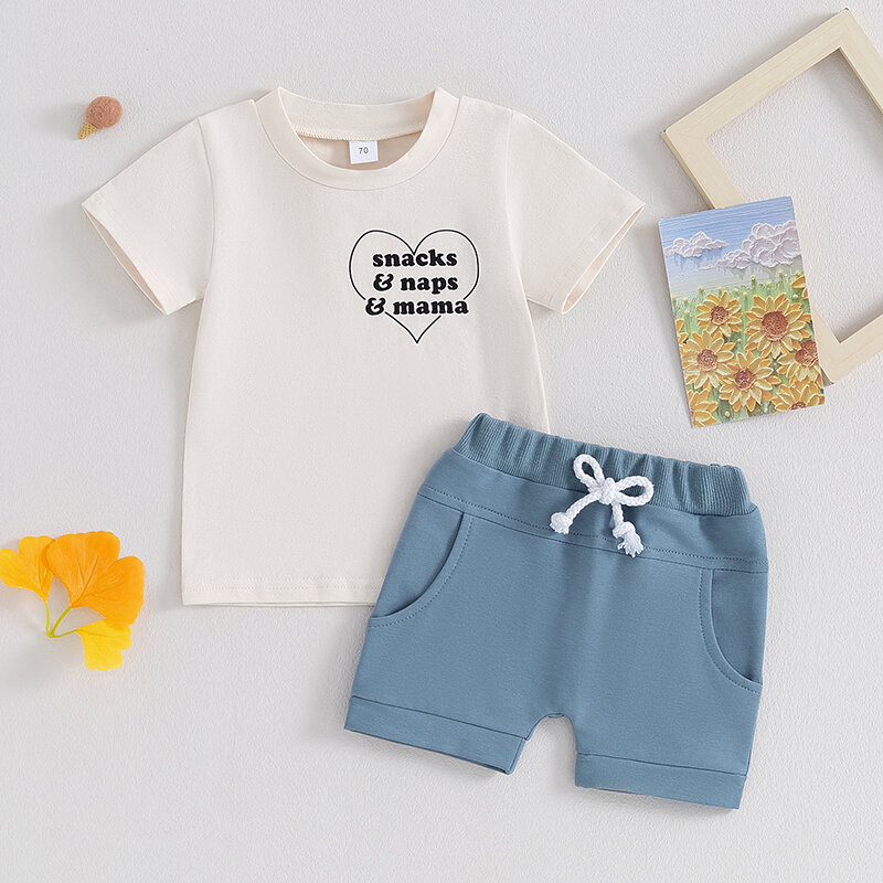 레터 프린트 반팔 티셔츠 상의, 단색 반바지 세트, 유아 여름 의상 세트