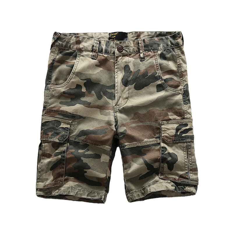 100% Cotton Multiple Pockets Straight Camouflage Cargo Shorts For Men Summer Knee Length Streetwear Pants Casual Beach Trousers