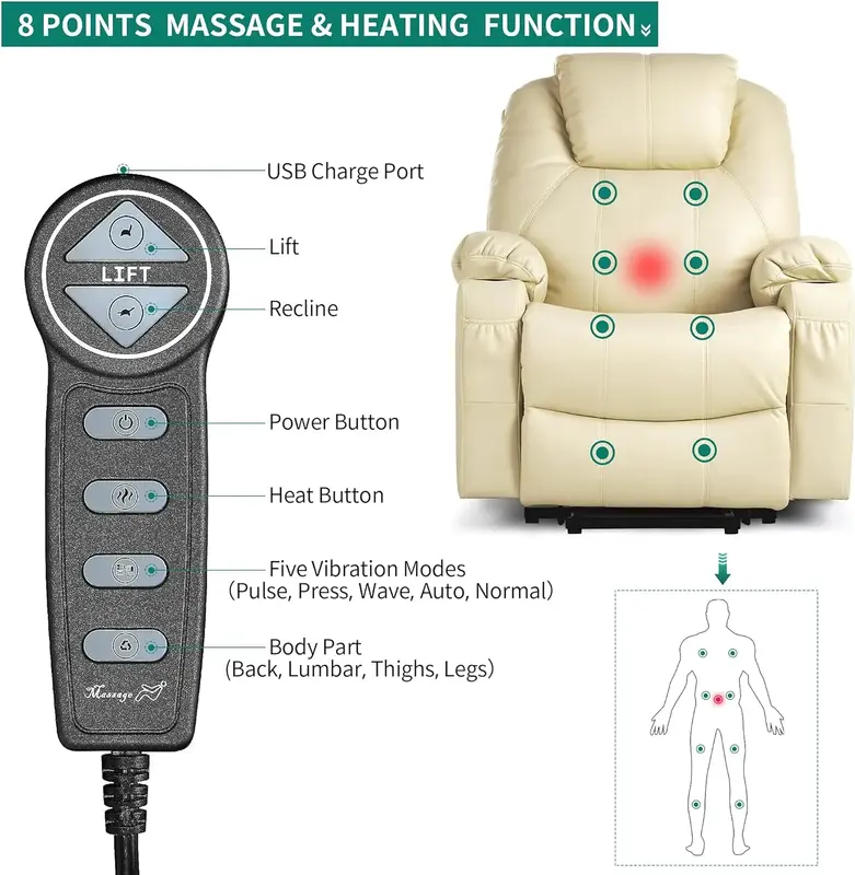 Fotel z podnośnikiem elektrycznym dla osób starszych, elektryczny fotel z podgrzewaniem i masażem, rozkładana sofa ze sztucznej skóry z 2-częściową filiżanką