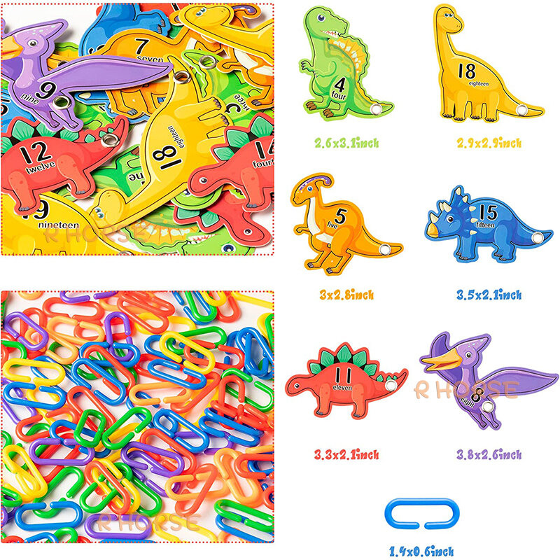 260 Stück Dinosaurier Links C-Clips Haken Kette mit Karten für Kinder sensorisches Spielzeug Motor Training Unterricht hilft Vorschule frühes Lernen