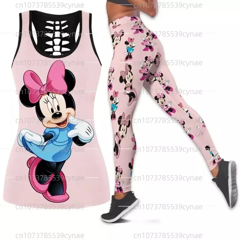Disney Mickey Minnie rompi berongga wanita + Legging Yoga wanita, setelan pakaian olahraga Legging kebugaran Tank Top Legging