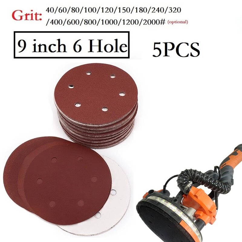5pcs 9Inch / 225mm Abrasive Sandpaper Sanding 6 Hole Disc Hook & Loop Sand Paper Grits 40~2000 For Polish Tools Accessories