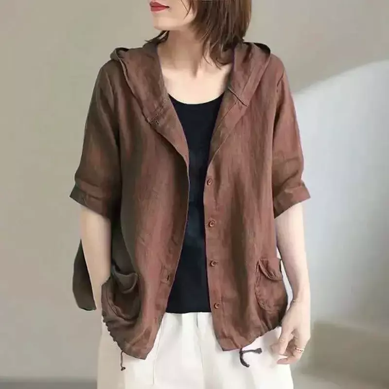 Linen Women's Jacket Spring Summer Jacket with Hat Cotton and Linen Short Coat Plus Size Loose Retro Korean Thin Hooded Cardigan