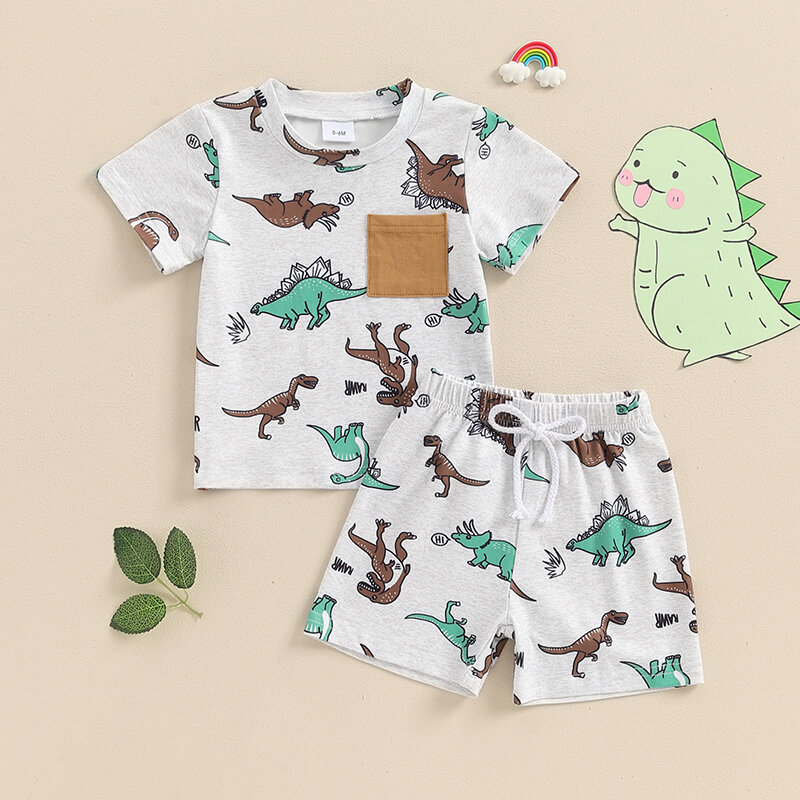 2024-04-09 lioraitiin Baby Boys Summer Outfits Dinosaur Print Short Sleeves T-Shirt and Elastic Shorts Set Vacation Clothes Set