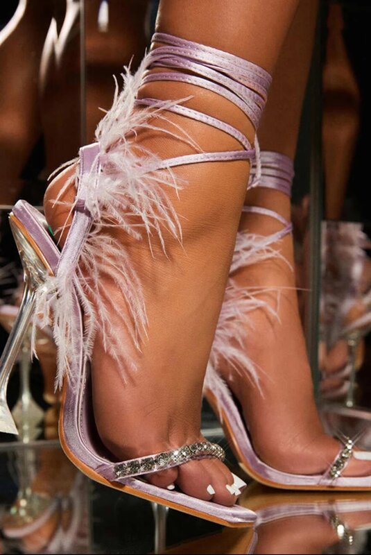2024 Sexy Rhinestone Feather Women Sandals Lace-up Summer Shoes Ankle Strap Gladiator Squared Toe Thin Heels Size 35-41