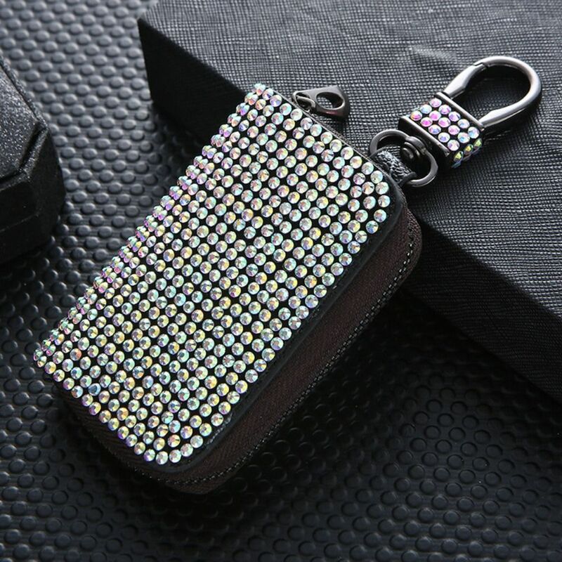 Diamante embutidos caixa protetora para chave do carro, couro organizador, saco do zíper, acessórios