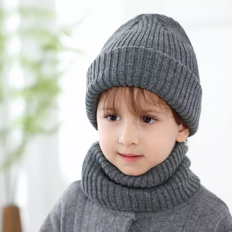 Children Winter Hat Scarf Set Cute Striped Beanies Hats for Girl Boy Solid Color Knit Thick Beanies Snood Set for Girl Kids 2-8Y