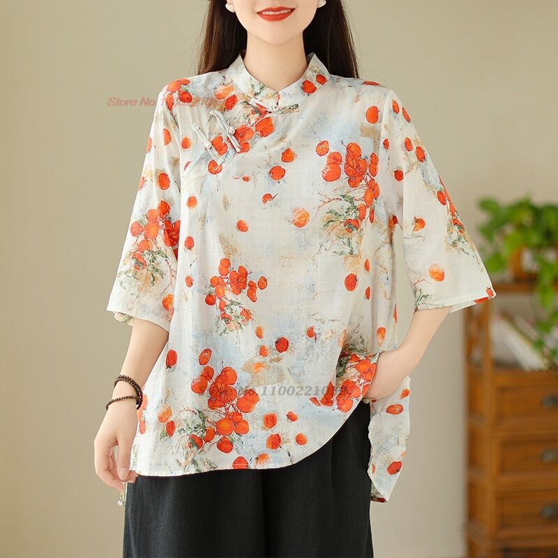 2024 tradycyjna chińska bluzka hanfu w stylu vintage narodowa luźna bluzka z nadrukiem kwiatowym orientalna ulepszona stójka bluzka qipao