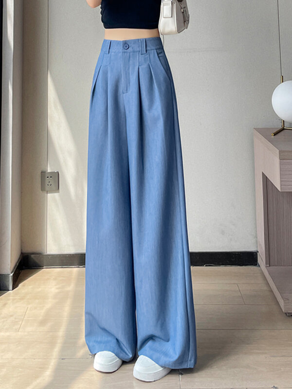 Summer Soft High Waist Slim Straight Casual Female Wide Leg Pants New Basic Office Ladies Fashion Solid Color Loose Women Pants