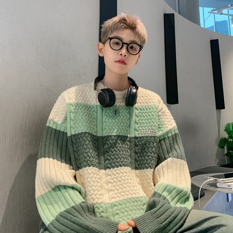 Suéter de punto de hilo grueso de contraste para hombre, abrigo de camisa de punto de estilo suelto y perezoso, ropa de pareja de estilo Hong Kong, Invierno