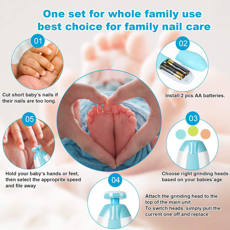 Portátil Electric Baby Nail Trimmer Set, Lixa de unhas segura para criança infantil recém-nascida, 6 em 1