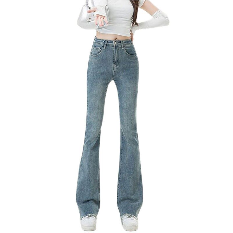 QWEEK pantaloni a zampa da donna primavera blu Office Lady vita alta Vintage elegante elastico gamba larga Jeans moda coreana Streetwear