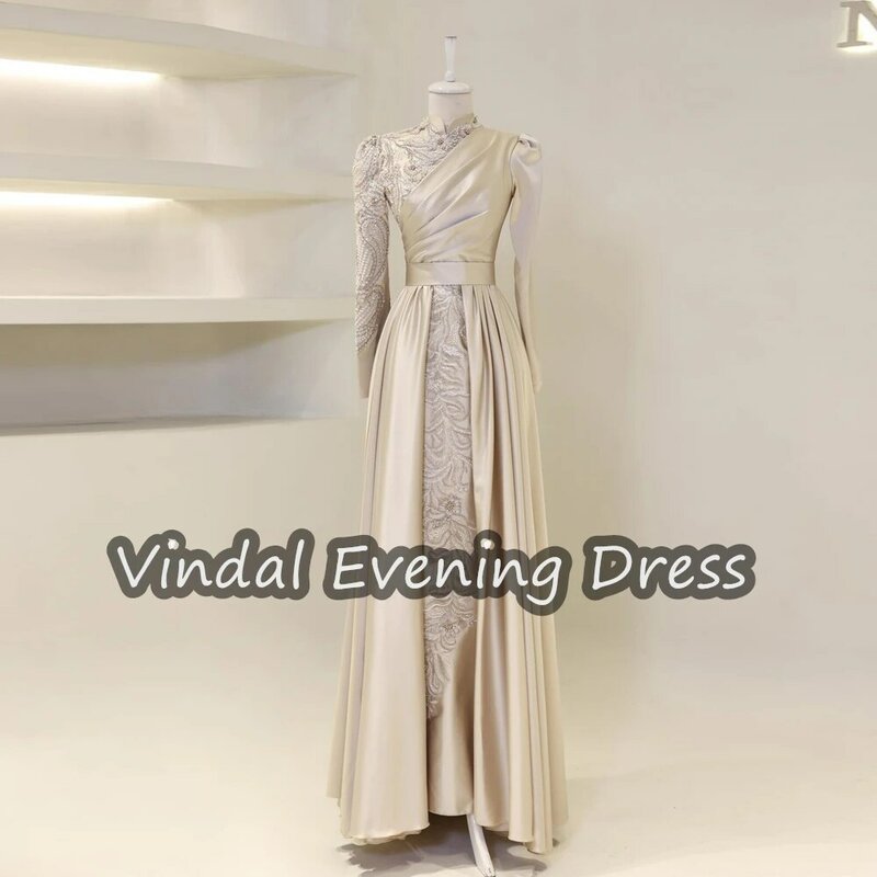 Vindal gaun malam, gaun malam bentuk A Satin panjang lantai, Bra tanam elegan lengan panjang Arab Saudi untuk wanita 2024