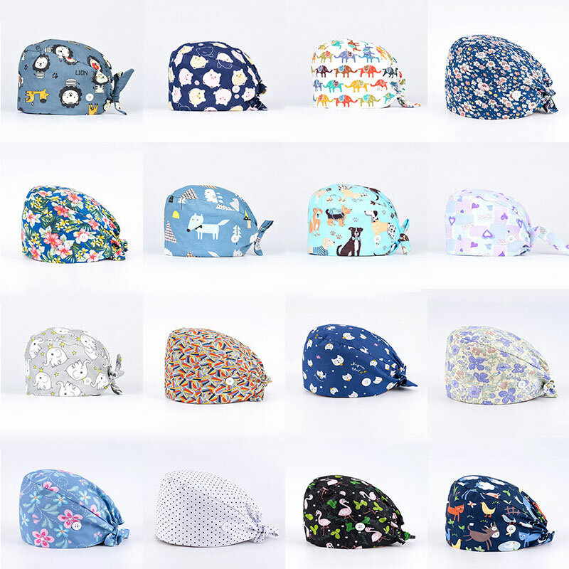 Topi Bedah Cetakan Katun Cetak Uniseks Topi Perawat Dapat Disesuaikan Topi Kecantikan Elastis Gesper Topi Baotou Topi Dokter Mode 2022