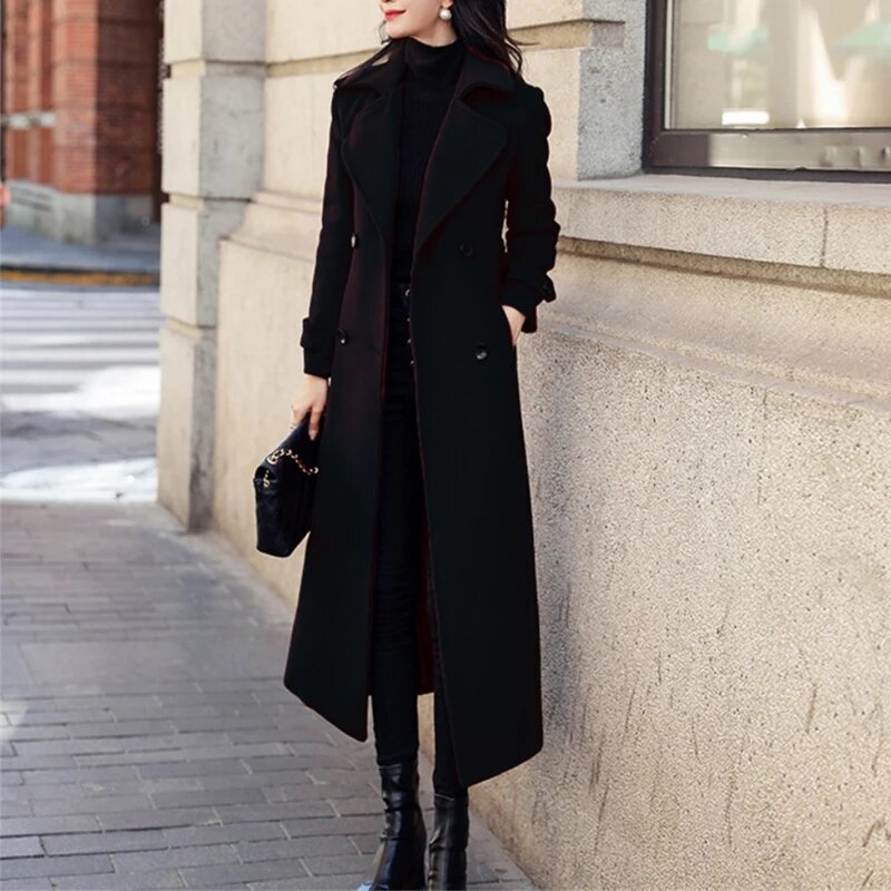 เสื้อโค้ทผู้หญิงสีดำ, เสื้อกันหนาวฤดูหนาวหนาเคลือบยาวสีดำ MODE Korea ฤดูหนาว