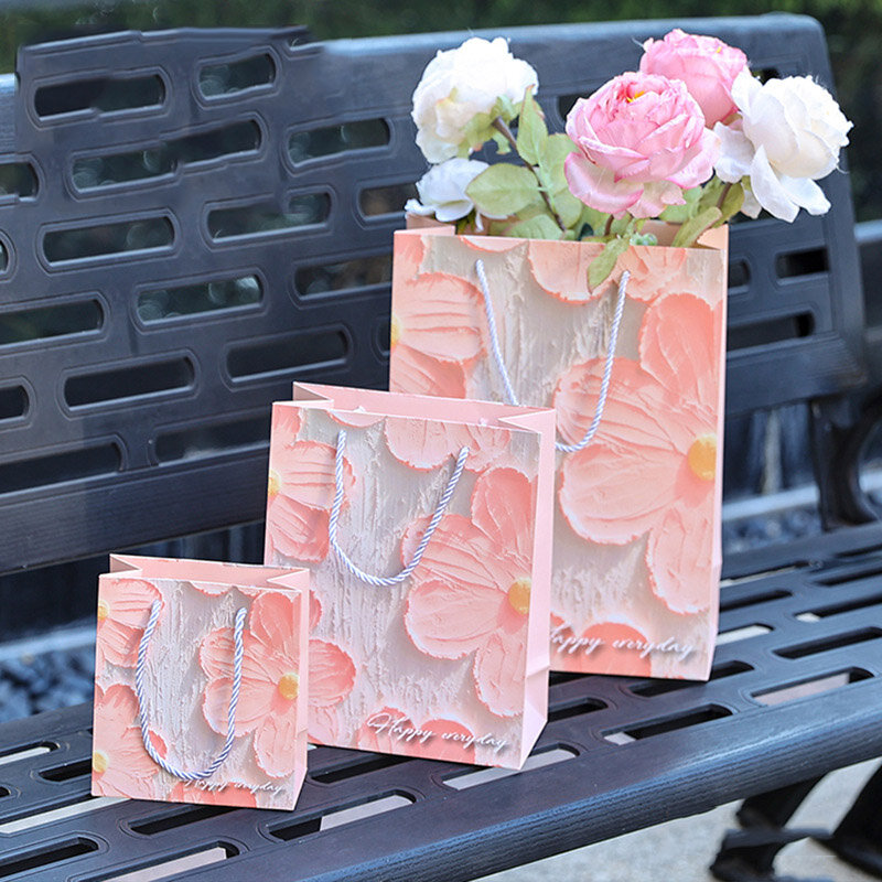 Bolso de mano de flores florecientes para mujer, bolsa de papel de embalaje de regalo portátil, bolsa de compras grande, pintura al óleo hermosa, Festival