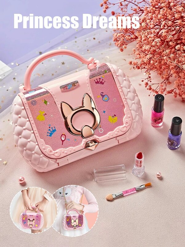 Kids Beauty Toys Makeup Kit Little Bag Washable Pretend Play Cosmetic Set Toys with Mirror Non-Toxic & Safe Birthday Gifts Girl
