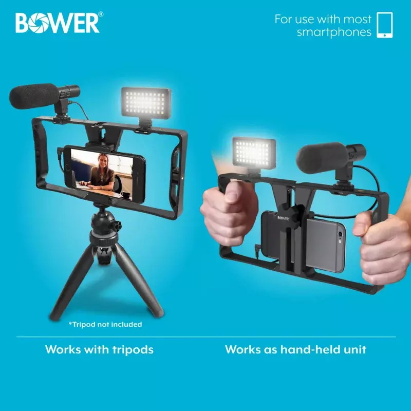 Bower 궁극의 브이로거 프로 키트, 스마트폰 장비, HD 마이크, 50 LED 조명, 3 디퓨저/필터, 셔터 리모컨 포함