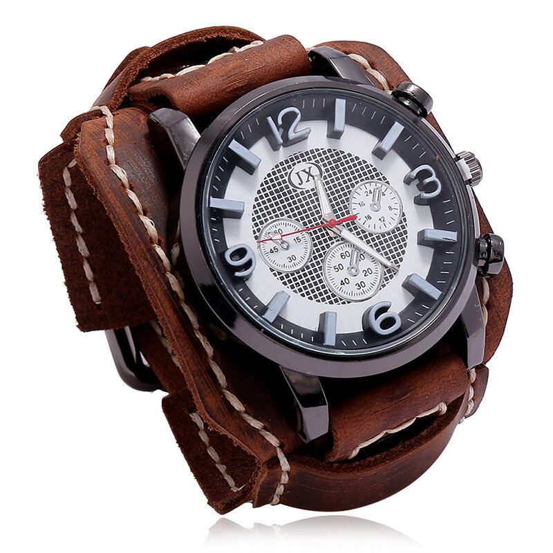 Новые часы ретро мужчин подлинной кожи широкий браслет браслет Watch Fashion Punk стиль кварцевые часы для мужчин 2023 Cowhide бангалы