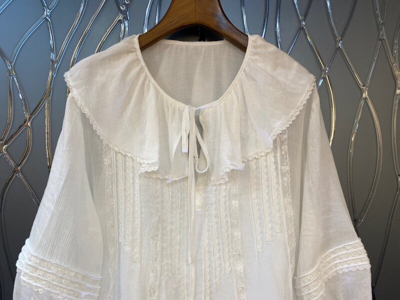 lingzhiwu White Blouse 2024 Summer Female Ruffled Collar Lace Decoration Mid-Length Shirt New Arrive