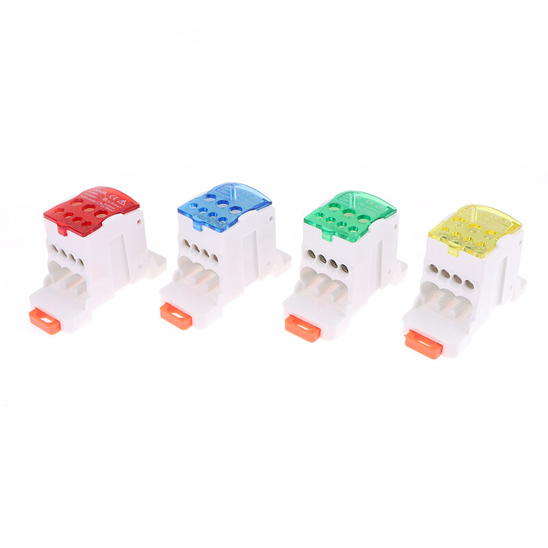 1Pc UKK 80A Terminal Block 1 In Many Out Din Rail Distribution Box Universal Electric Wire Connector Red Yellow Blue Green