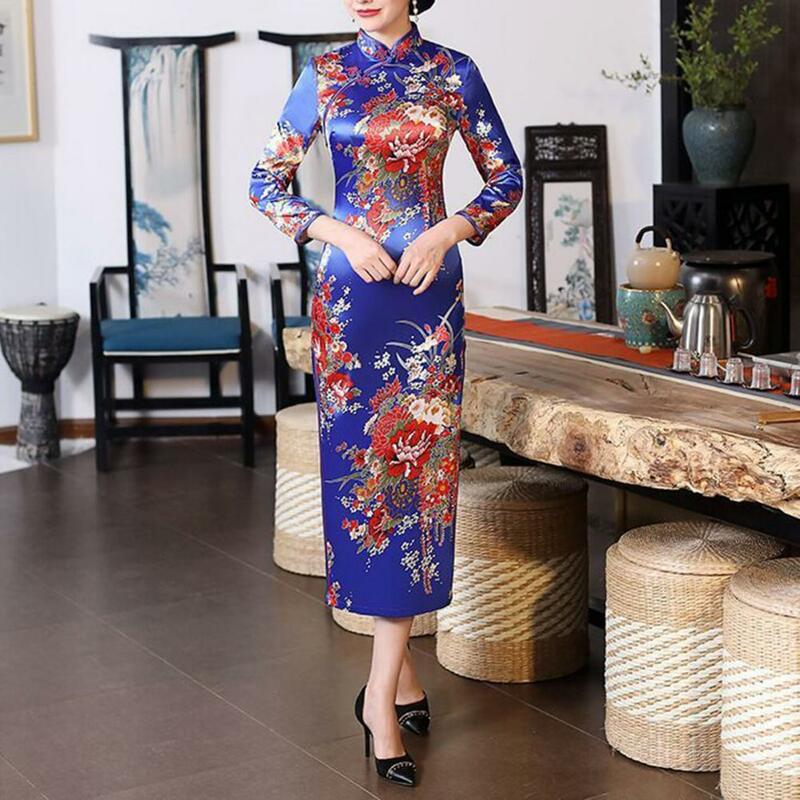 Women Retro Cheongsam Dress Chinese National Style Floral Print Stand Collar Qipao with High Side Split Chinese Knot for Summer