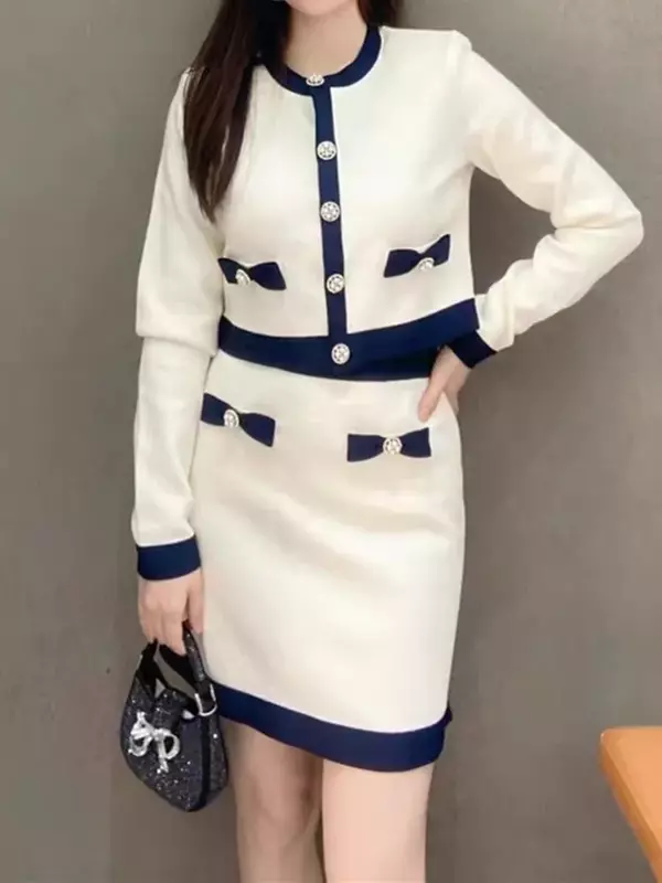 2024 Spring OL Knitted Suit Women Contrast Bow Diamond Buttons Short O-neck Tops or A-line High Waist Skirt