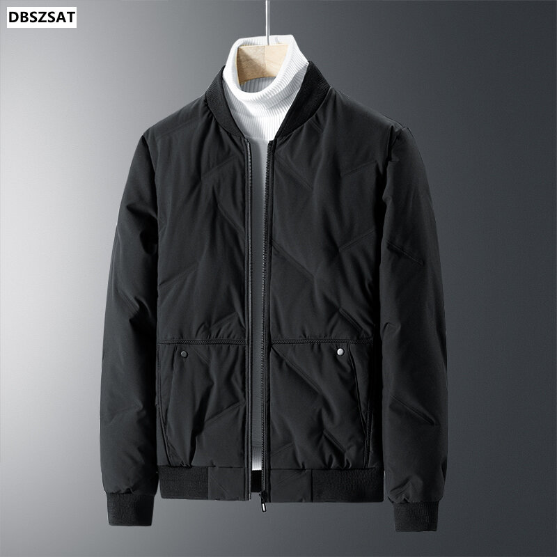 M-4xl jaket bulu angsa pria, mantel abu-abu musim dingin kerah berdiri gaya pendek warna polos, pakaian luar bisbol Hy205