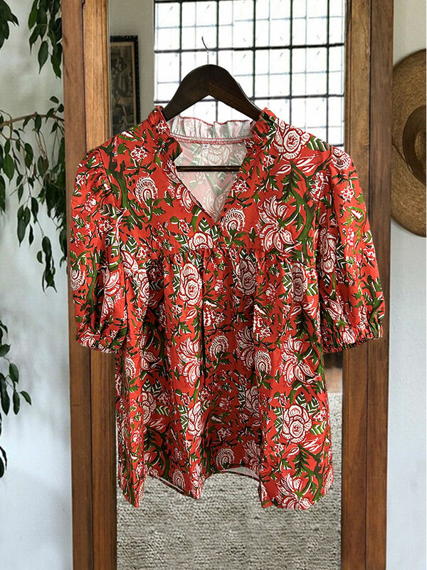 Vintage Bloemenprint V-Hals Poff Mouw Blouses Koraal Shirts