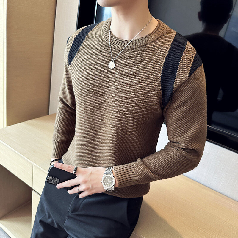 Suéter de cuello redondo para hombre, Jersey ajustado informal, prendas de punto de alta calidad, Color gofrado, otoño e invierno, nuevo