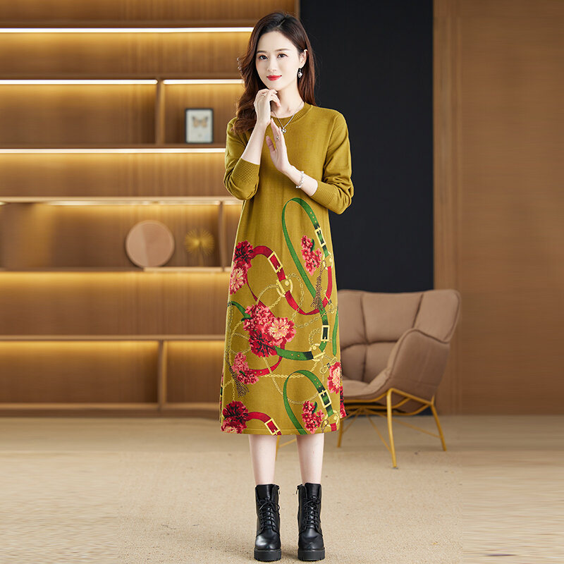 2023 Autumn/Winter New Flower Print Knitted Long Sleeve O-Neck Dress Elastic Loose Large Medium Length Sweater Long Dress