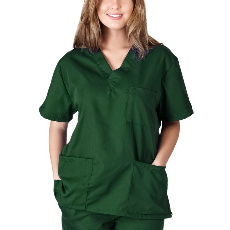 여성 스크럽 탑, 병원 의사 간호사 작업 유니폼, 유니섹스 수술 가운, V넥 스크럽 탑, 단색 패션