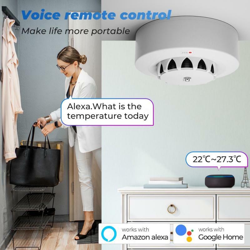 Tuya-alarma de humo inteligente para el hogar, dispositivo de seguridad con Wifi, detección de temperatura y humedad, 80dB, compatible con Alexa, Google Home, Smart Life
