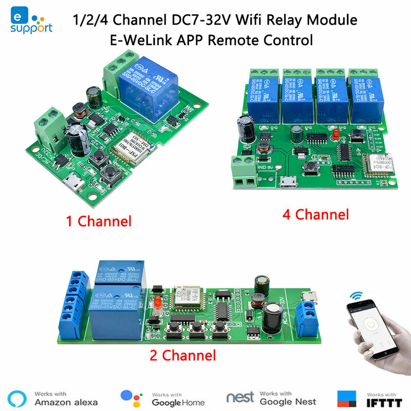Módulo de relé WIFI inalámbrico, PLACA DE DESARROLLO DE ESP-12F, 1/2/4/8 canales, ESP8266, CA/CC, 5V/7-28V/5-80V, Control remoto por aplicación e-welink