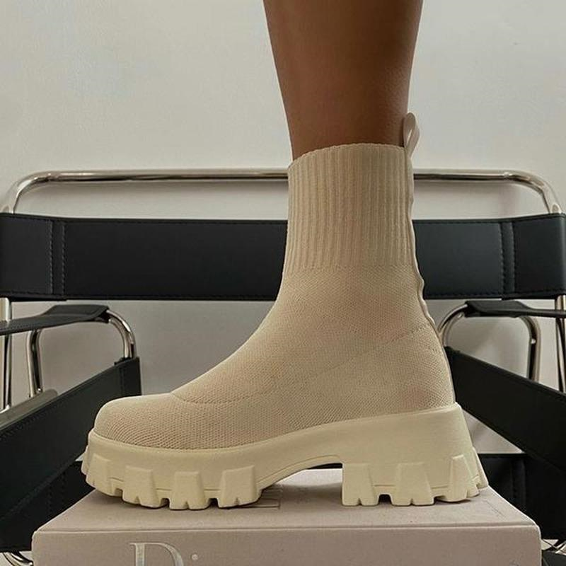 Botas De plataforma sin cordones para Mujer, zapatos De punto con tacones, otoño e invierno, 2022