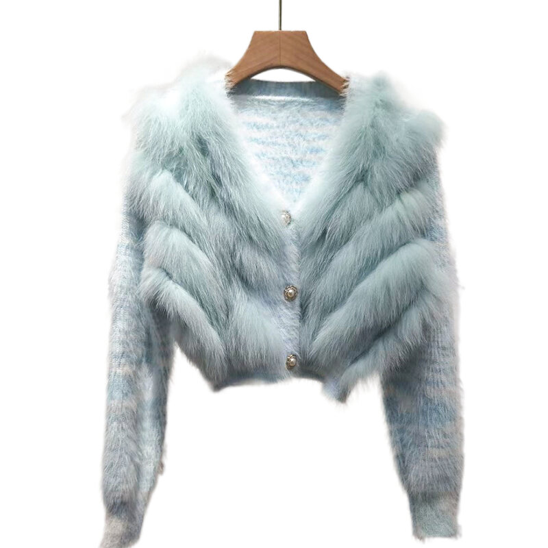 ZDFURS Sweater bulu rubah asli wanita, kardigan pendek jahitan bulu, Atasan Musim Semi dan Musim Gugur 2023