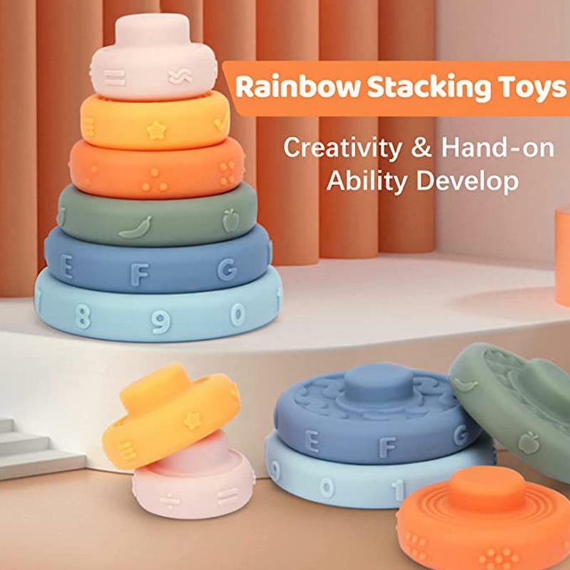 Mainan Tumpuk, cincin dapat ditumpuk untuk bayi pendidikan dini montesori mainan tumpuk sensorik bayi silikon Teether