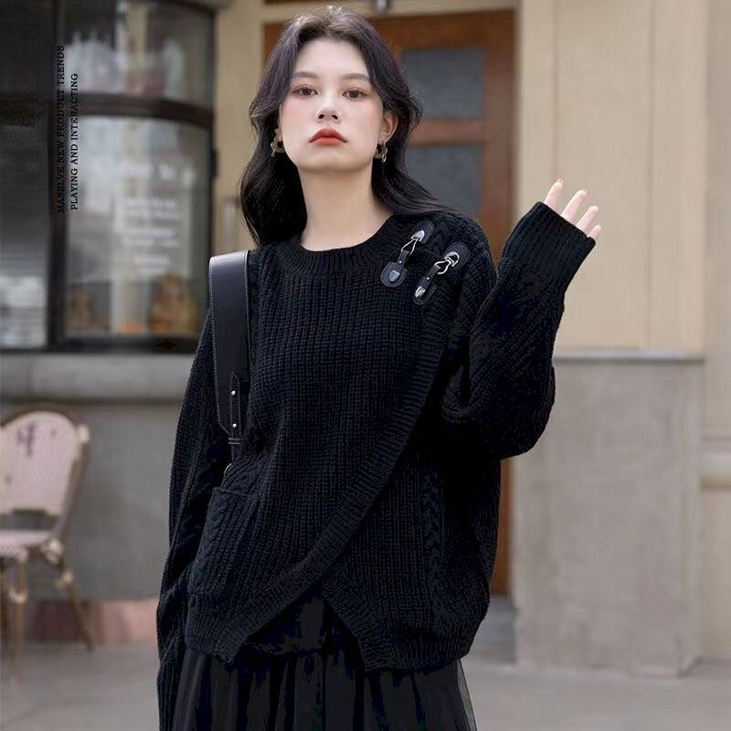 여성용 한국 스타일 빈티지 스웨터, 심플하고 불규칙한 스플릿 니트 풀오버, 부드러운 왁스 스웨터, 가을 겨울 트렌디 상의