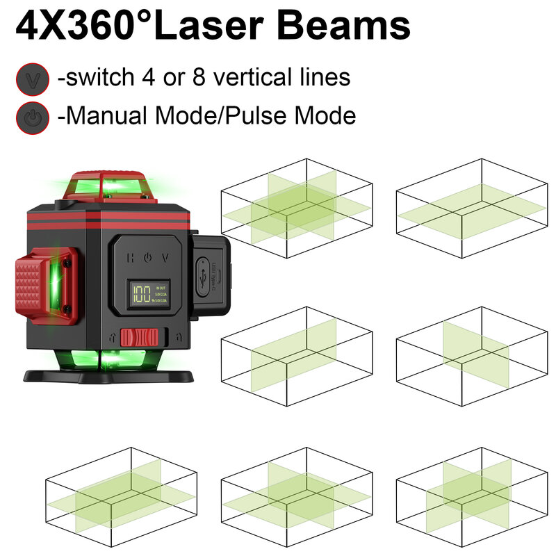 WEIDDW-Nível Profissional Laser Nível, 360 ° Auto-Nivelamento, Horizontal, Vertical, Luzes Verdes, Nível Laser, Nível Laser, Mid Line Tool, 16 Linhas