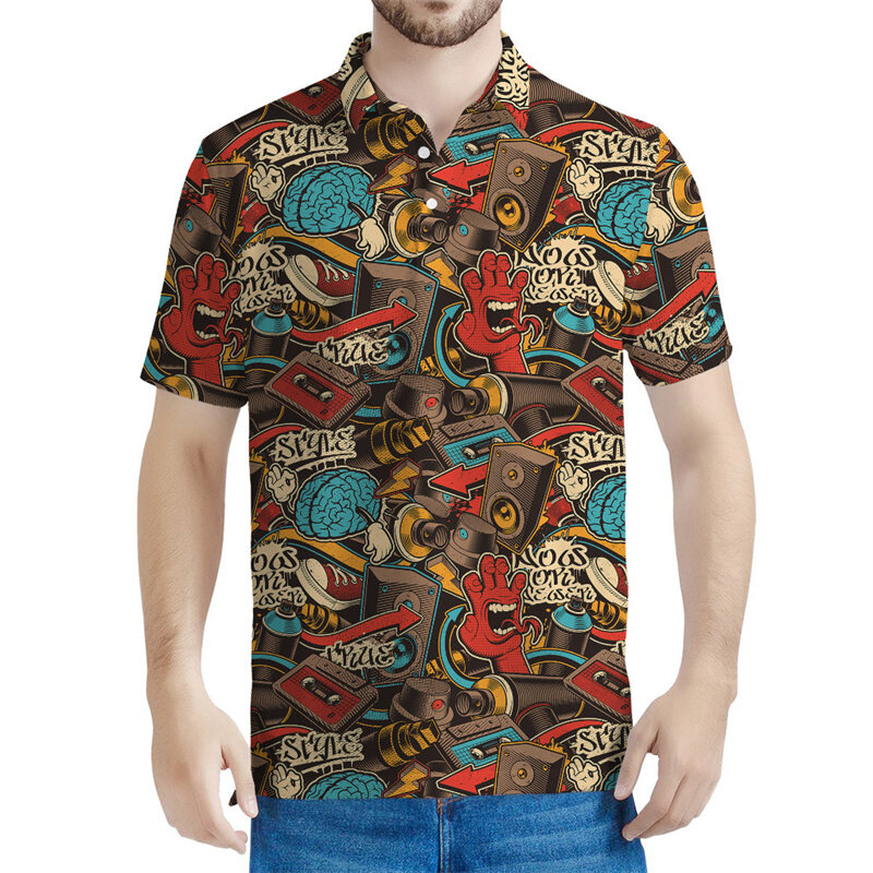 Рубашка-поло Y2k мужская с 3D-принтом, Повседневная футболка с коротким рукавом, с принтом граффити, с графическим принтом в стиле ретро, топ с лацканами