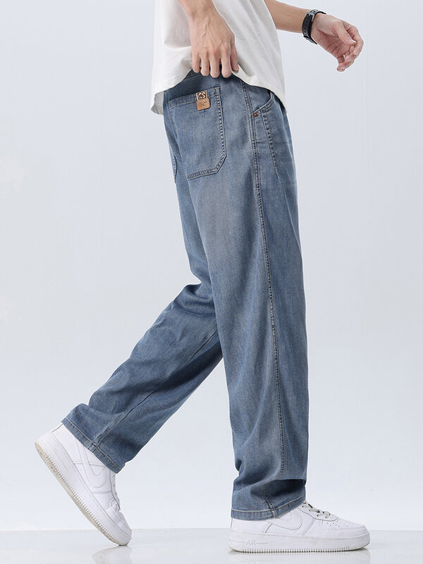 Джинсы Lyocell мужские тонкие, брендовые мягкие прямые повседневные мешковатые брюки из денима, уличная одежда, 28-38, на лето