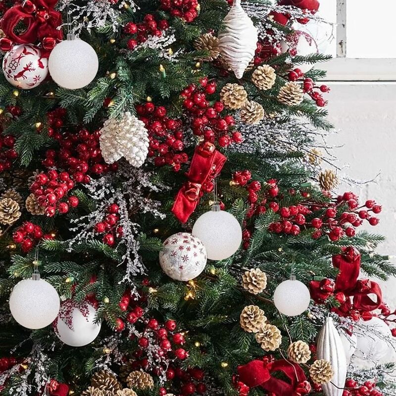 플라스틱 크리스마스 걸이식 장식, 크리스마스 트리 걸이식 공, 화이트 새해 반짝이 크리스마스 공, 6-8cm, 6 개