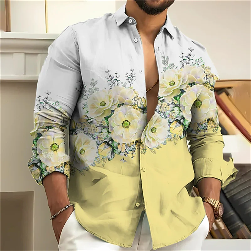 Мужская рубашка с длинным рукавом, с цветочным принтом