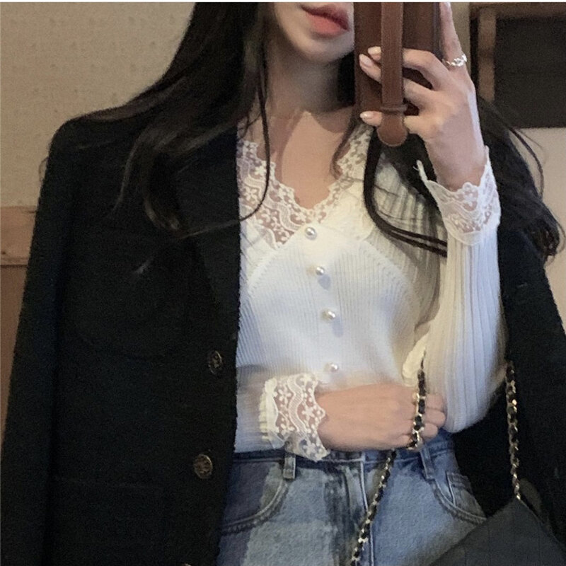 2023 New Sexy Lace V-Neck Beading Women's Sweater Pullover Casual Slim Bottoming Knitted Female Long Sleeve Tops Blouses & Shirt