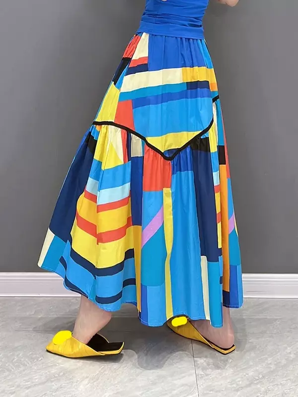 XITAO-콘트라스트 컬러 스커트 불규칙한 주름 접합 a-라인 스커트, 개성있는 새로운 패션 스트리트 트렌디 올 매치 여성 WMD5493